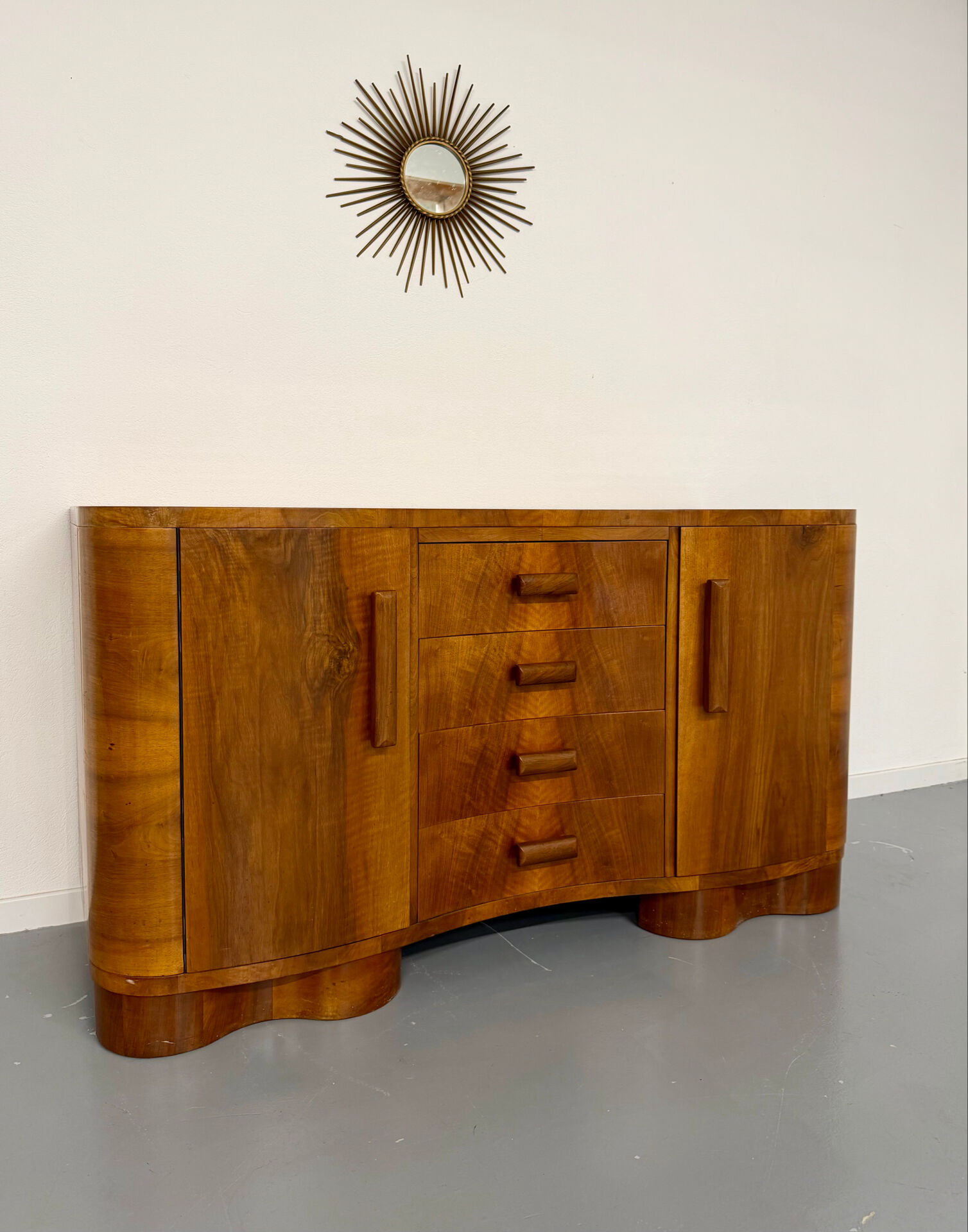 Antique walnut sideboard in Art Deco style from the 1930s.
