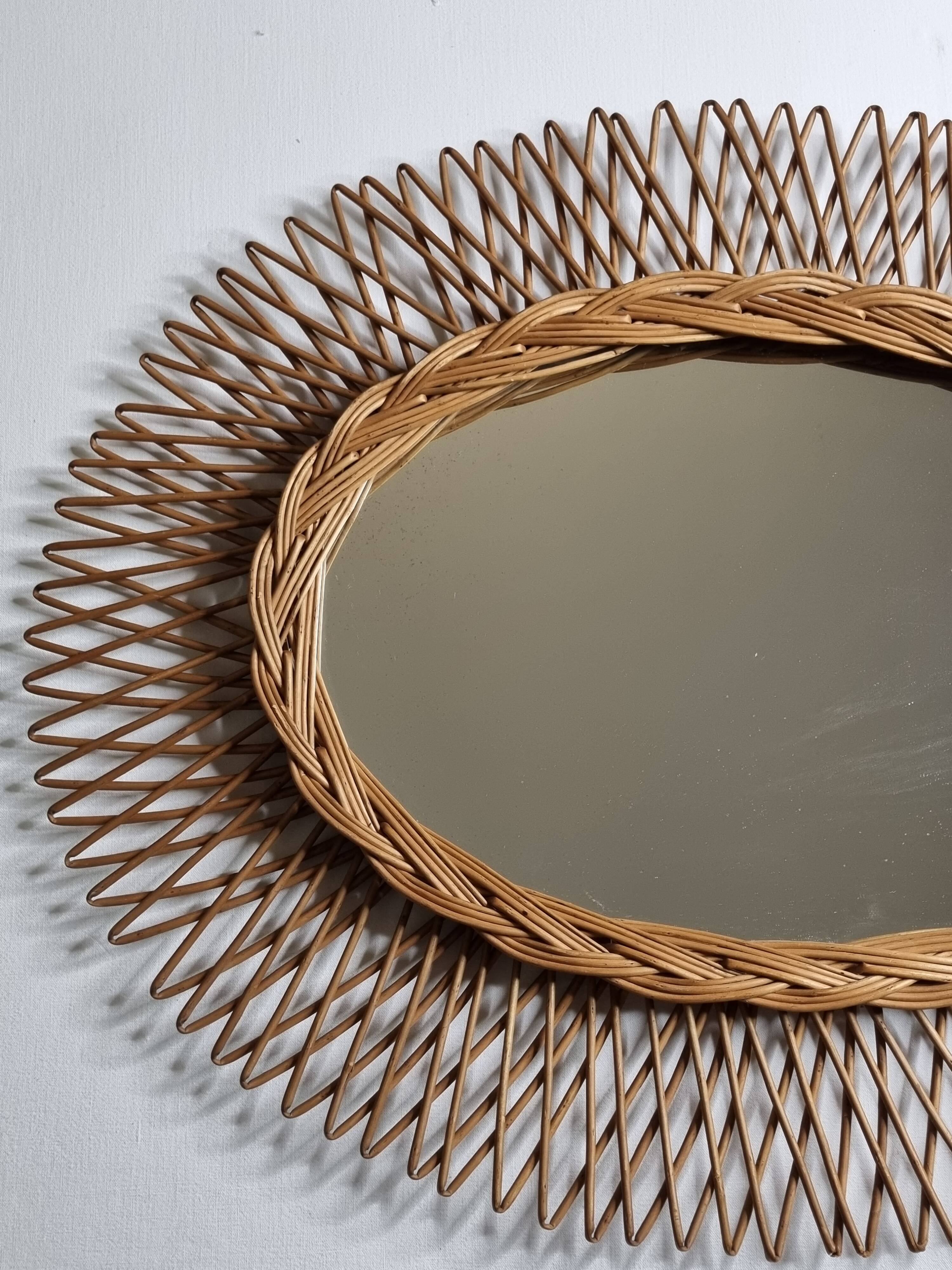 Original vintage rattan mirror, oval shape, 70 cm