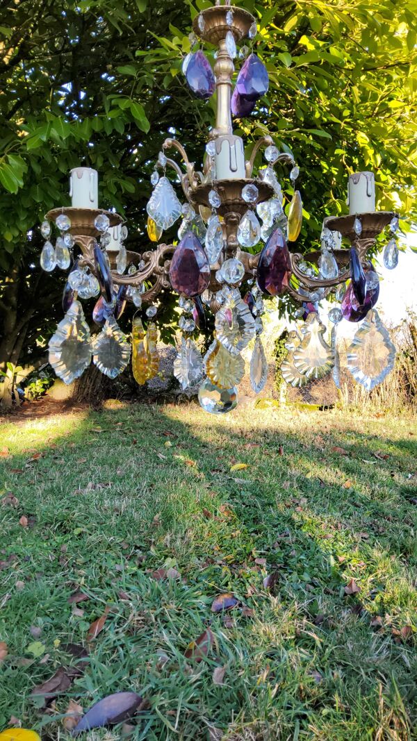 Lustre en bronze à pampilles de couleur ambre violet cristal 6 branches