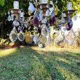 Bronze chandelier with grapevines of amber purple crystal color 6 branches