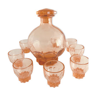 Service a liqueur vintage en verre rose Rosaline