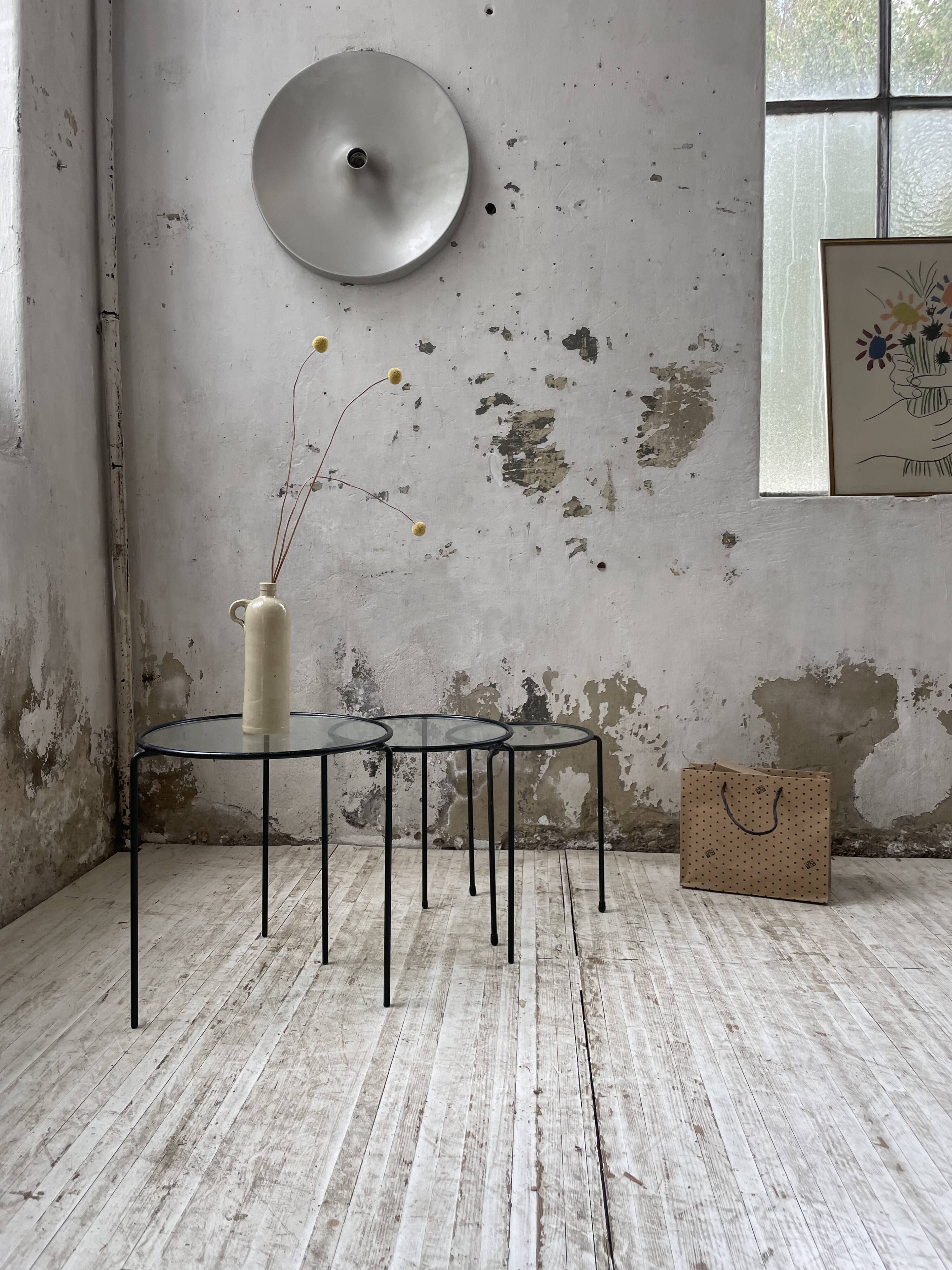 50s metal and glass nesting coffee tables