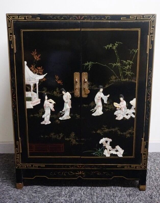 Small furniture in black Chinese lacquer with carved soapstone, mother-of-Pearl inlay.