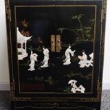 Small furniture in black Chinese lacquer with carved soapstone, mother-of-Pearl inlay.