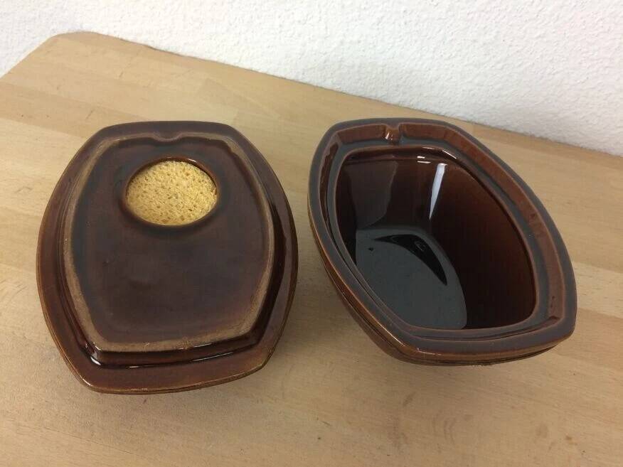 Vintage brown ceramic and leather tobacco pot