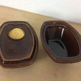 Vintage brown ceramic and leather tobacco pot