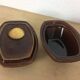 Vintage brown ceramic and leather tobacco pot
