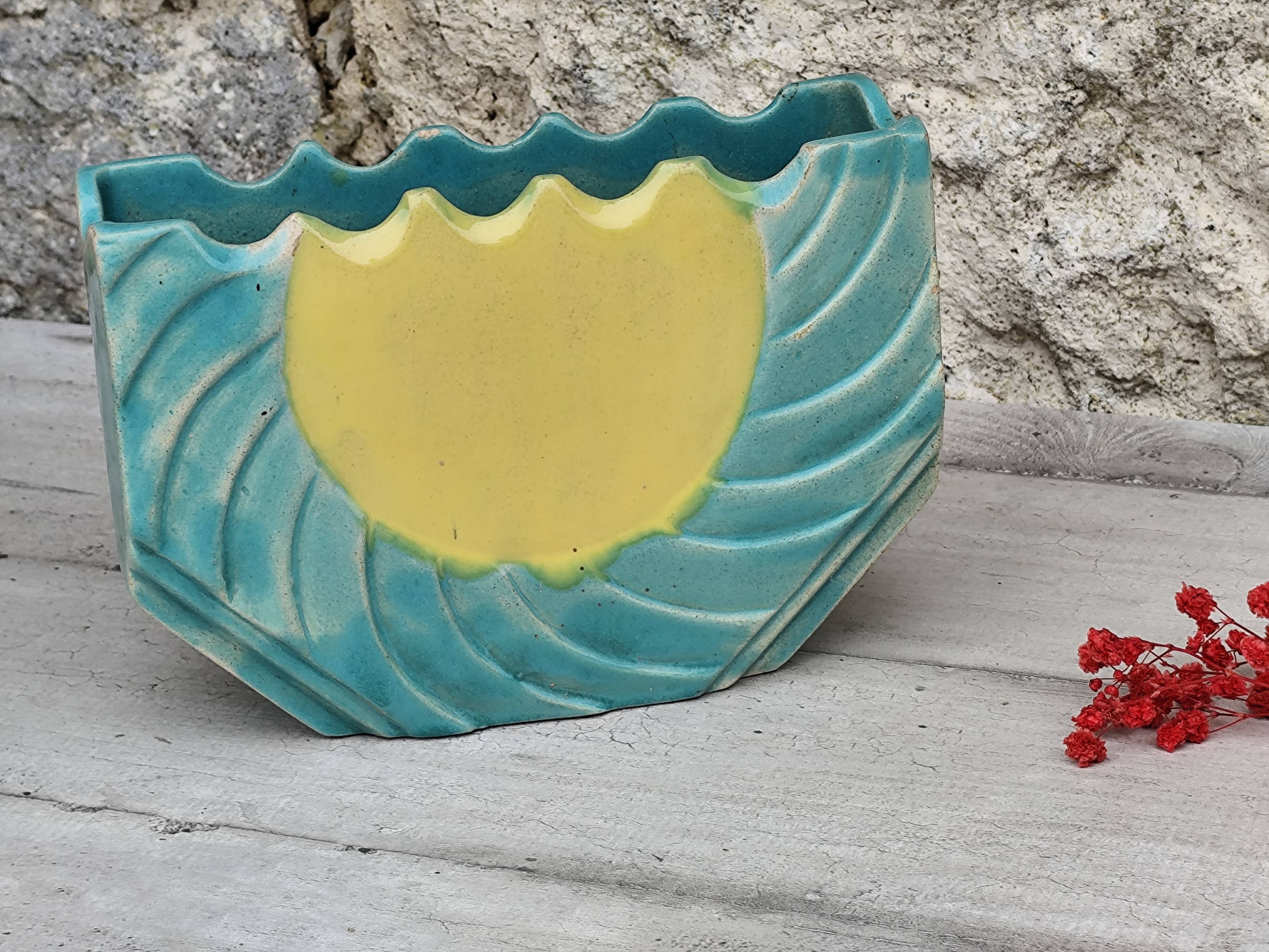 Large blue and yellow ceramic flowerpot vase
