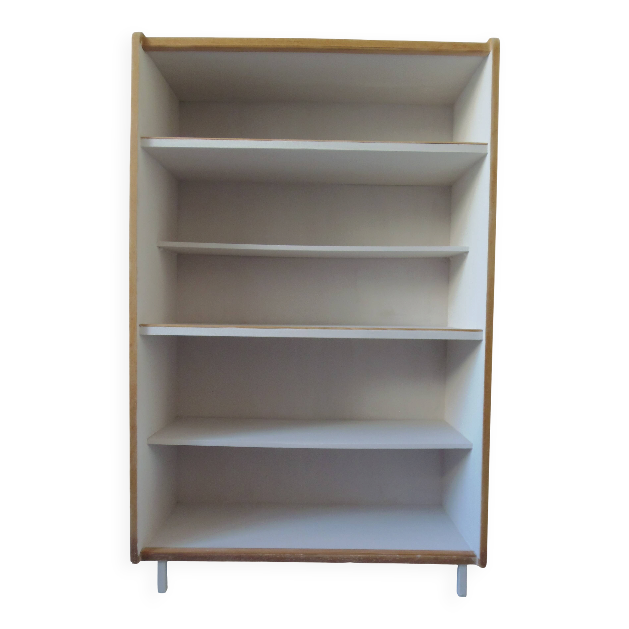 Vintage library in oak veneer, pearl grey interior, metal legs.