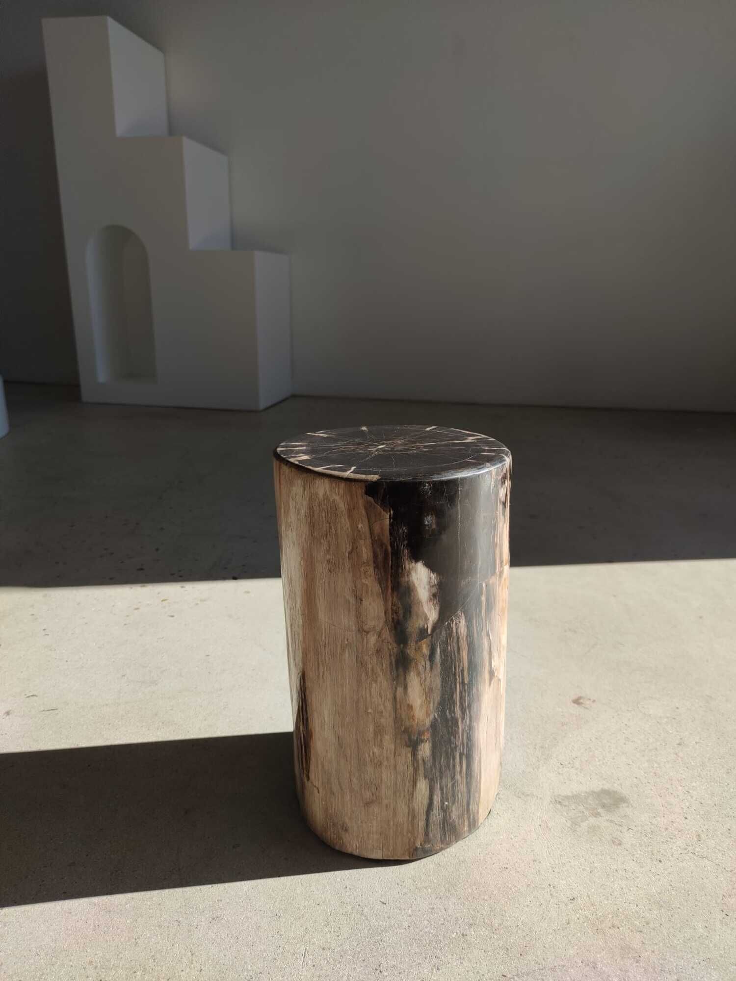 Table d'appoint en bois pétrifié noir et blanc - H:40,5cm D:25cm