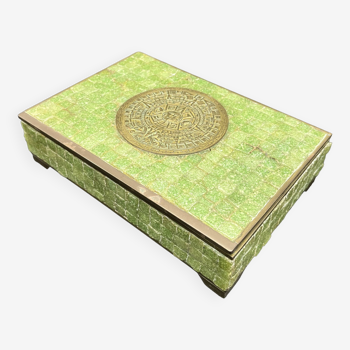 Mayan calendar brass box enhanced with green jade stones Mexico Aztec