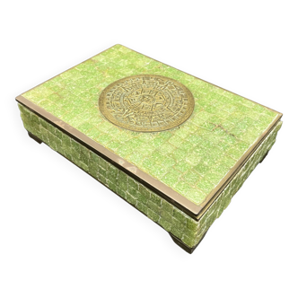 Mayan calendar brass box enhanced with green jade stones Mexico Aztec