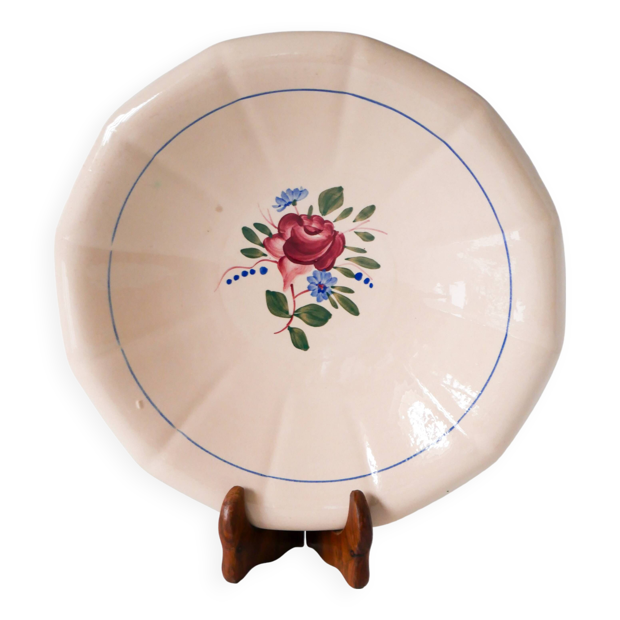 Large Digoin Sarreguemines hollow dish, flowering roses, 1950