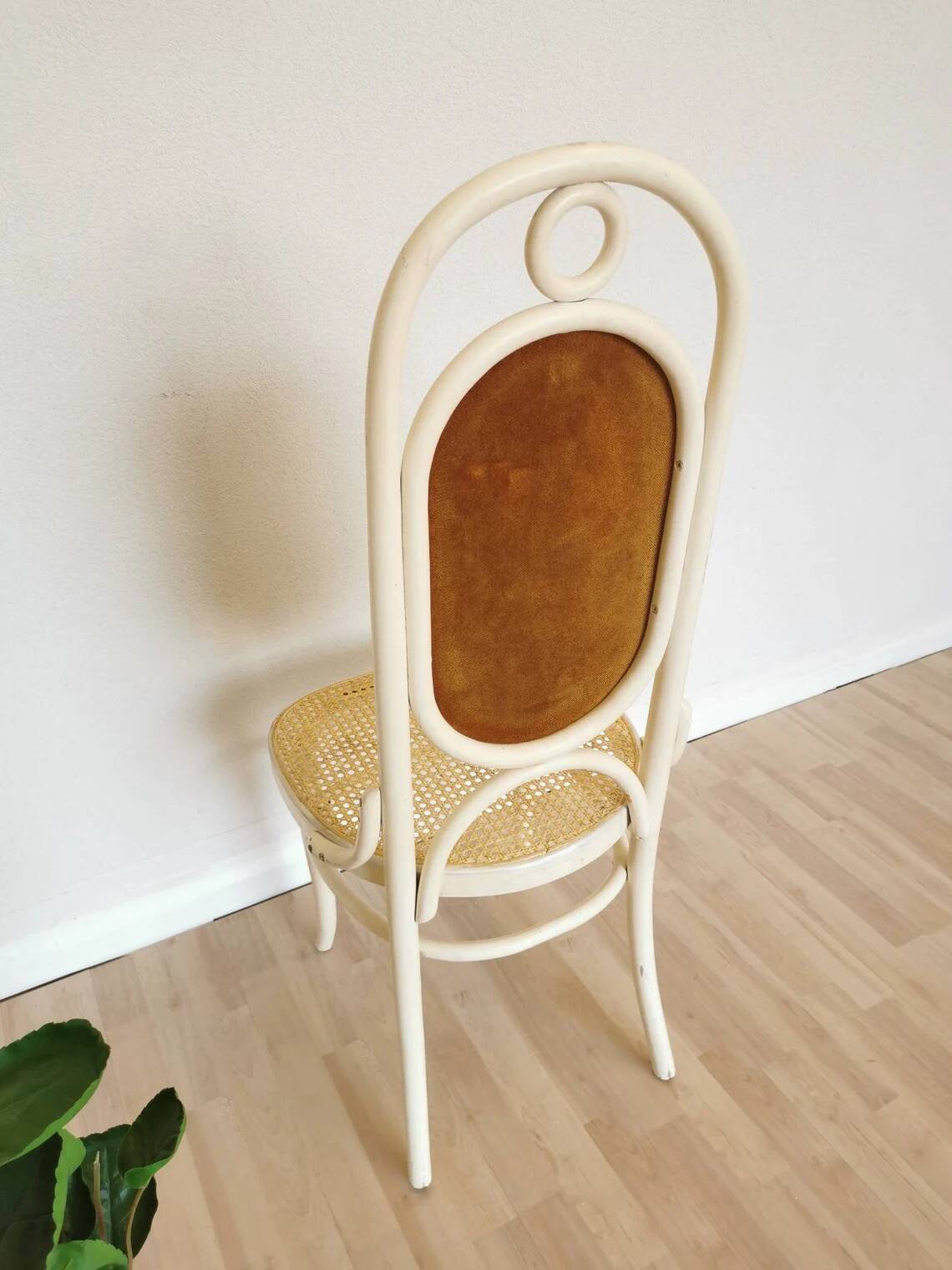 Vintage Thonet Bentwood Dining Chair: Cane Seat, Yellow Fabric Back