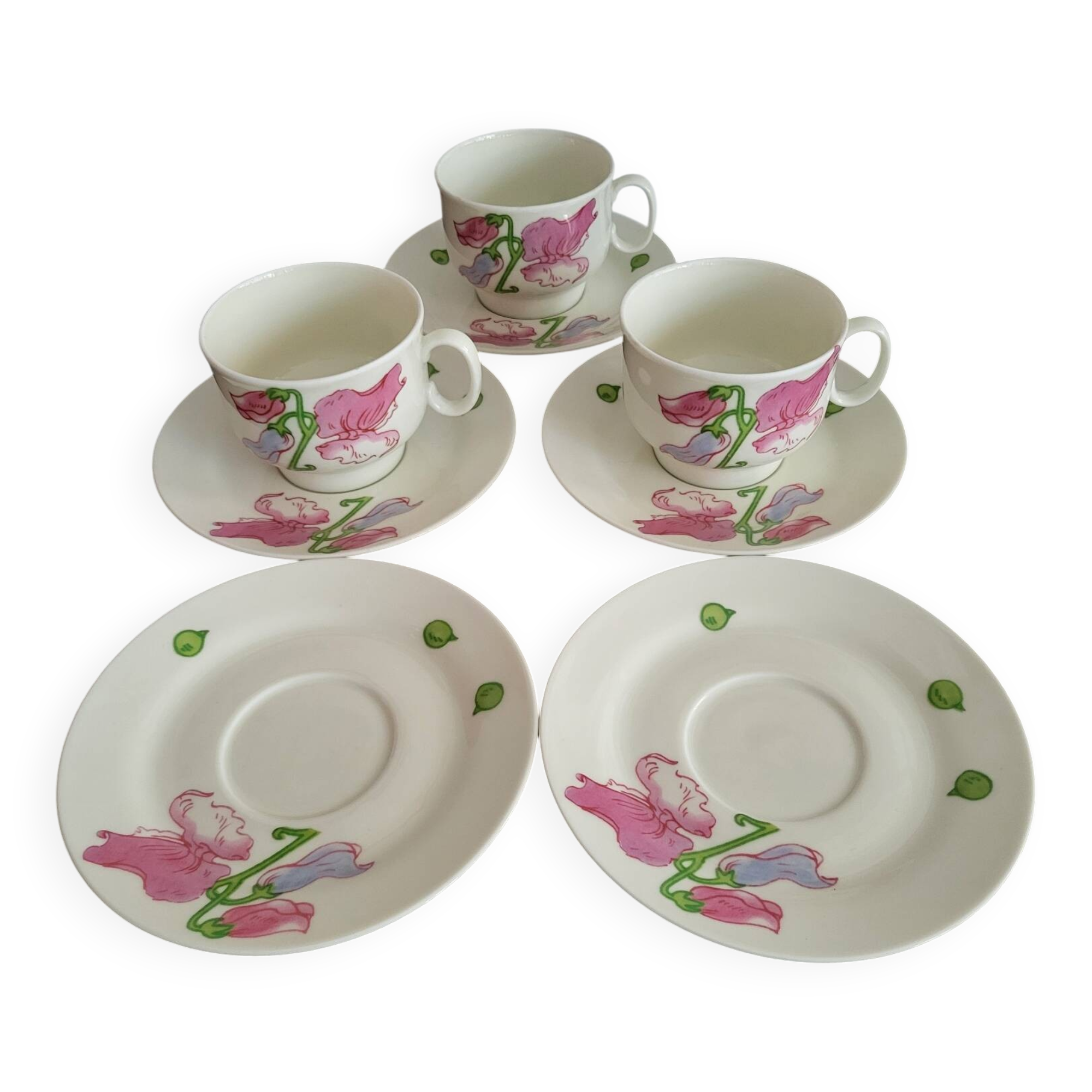 3 tasses et 5 sous-tasses vintage Richard Ginori motif sweet pea en ex