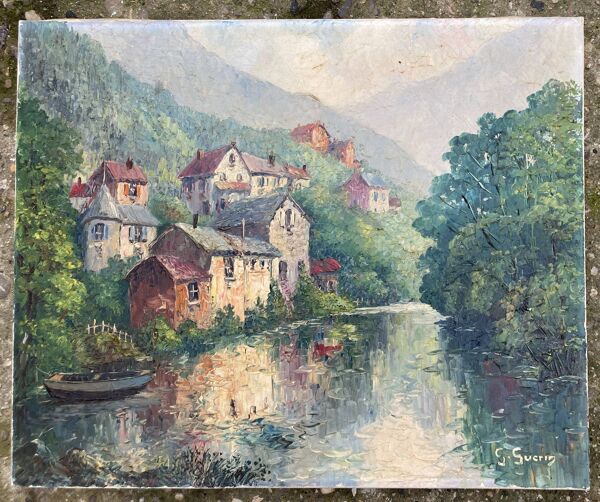 Tableau ancien - Vue sur Chateauneuf les bains - Puy de Dôme - Auvergne