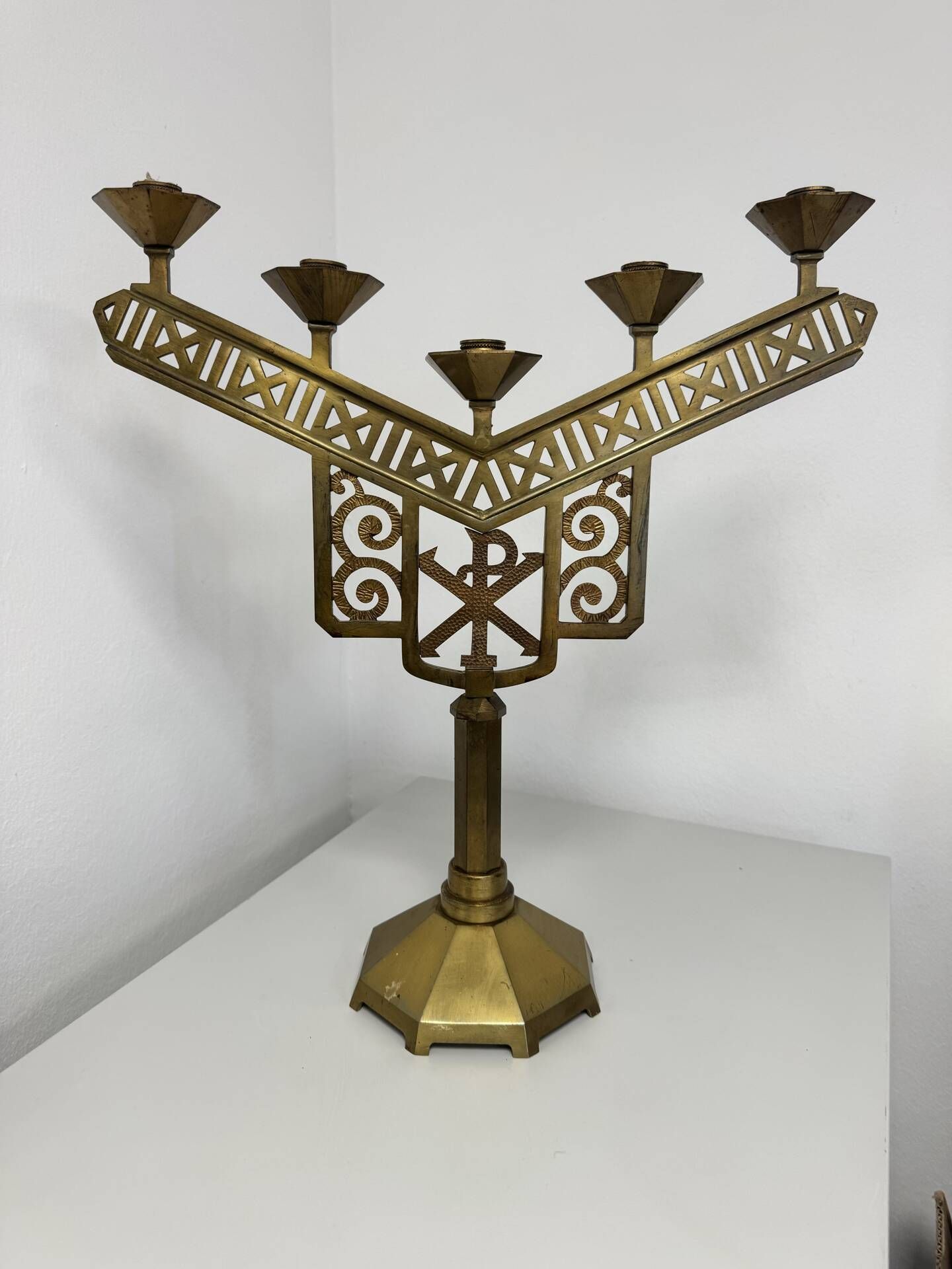 Antique Art Deco Brass Altar Chandelier – 5 Lights – Chrism Symbol