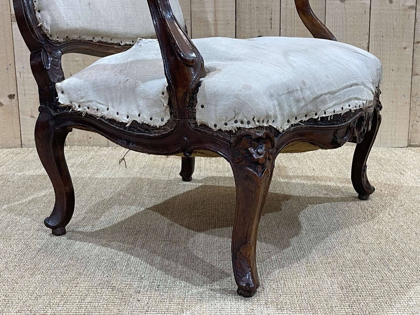 Regency period armchair in 18th century walnut to be reupholstered