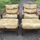 Wood & Leather Armchairs With Pouf, Set of 4