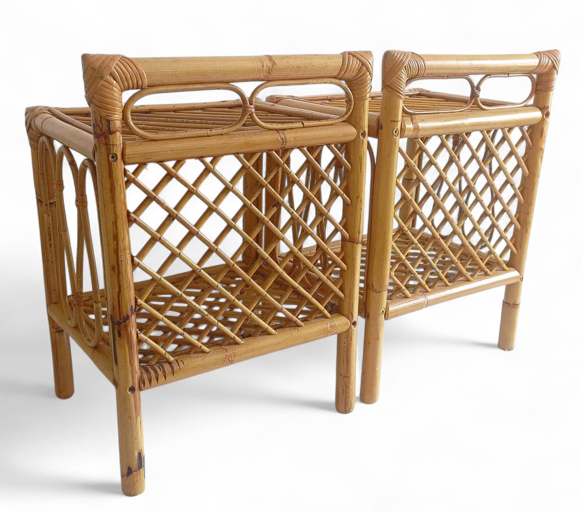 Mid-Century Bamboo and Rattan Nightstands, Spain, Hand-Crafted, 1970s