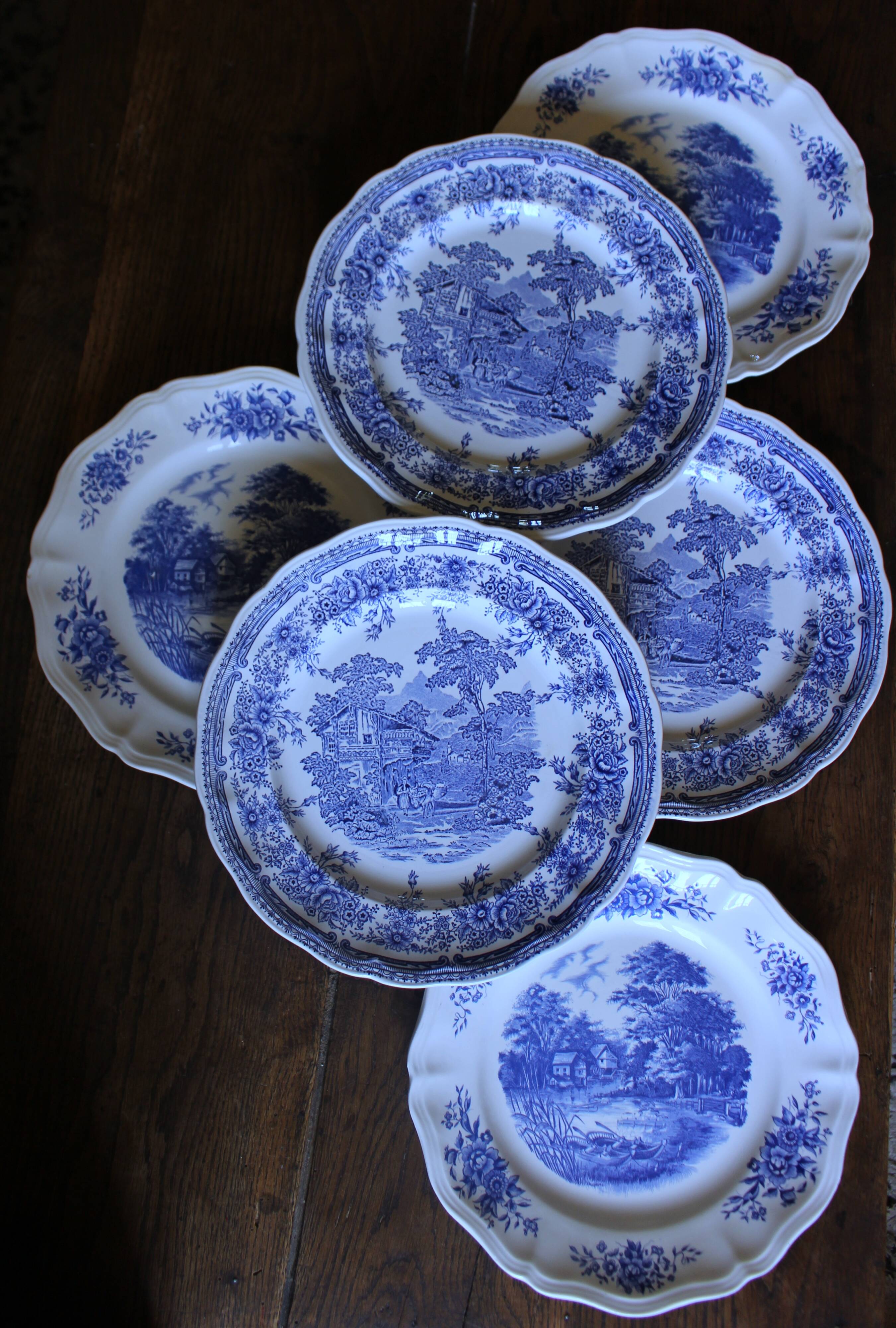 6 romantic blue Lunéville Sarreguemines dinner plates