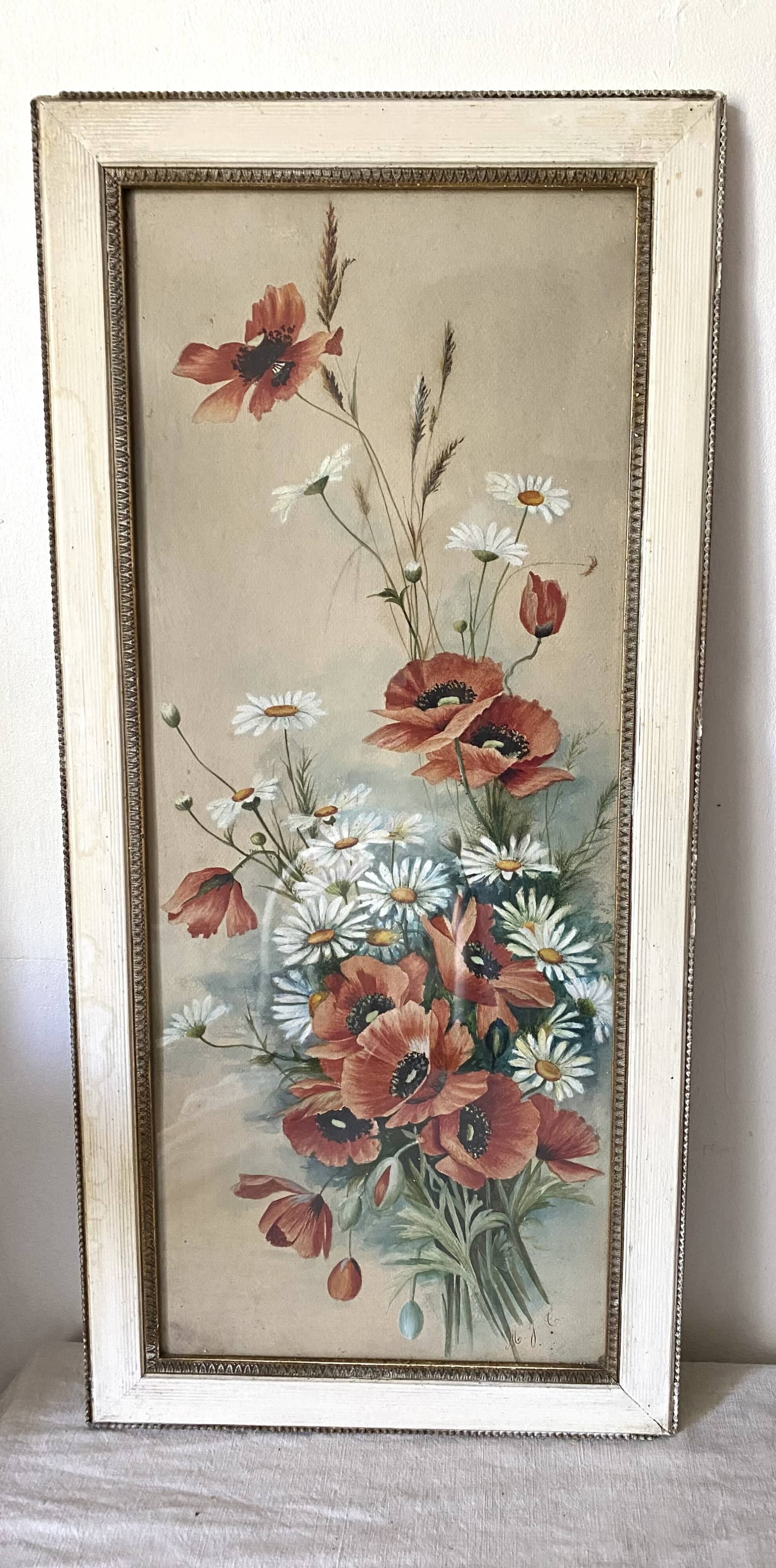 Triptych of old watercolors, flowers, 19th century