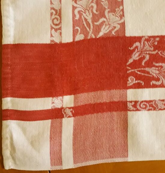 Nappe damassé de coton, liteaux rouge, chiffrée B.M, années 50