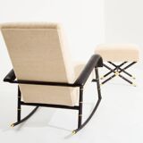 Jacques Adnet Rocking chair and ottoman in leather and mohair velvet 1950