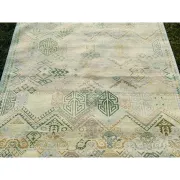 Hand-Knotted Wool Area Rug, Oushak Ivory Sage Green Design Carpet for Living Room