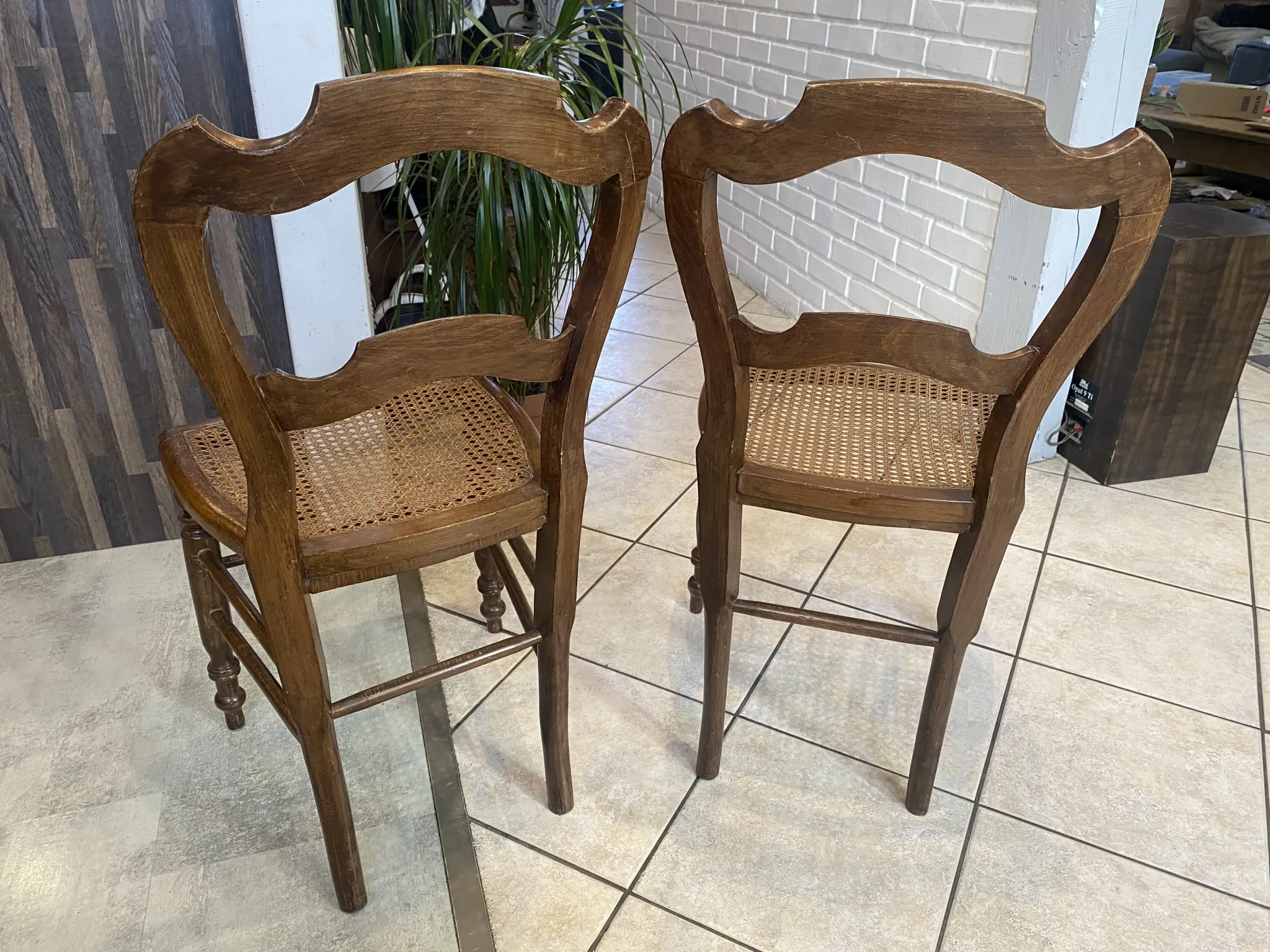 Pair of antique caned and wooden chairs from the 1900s.