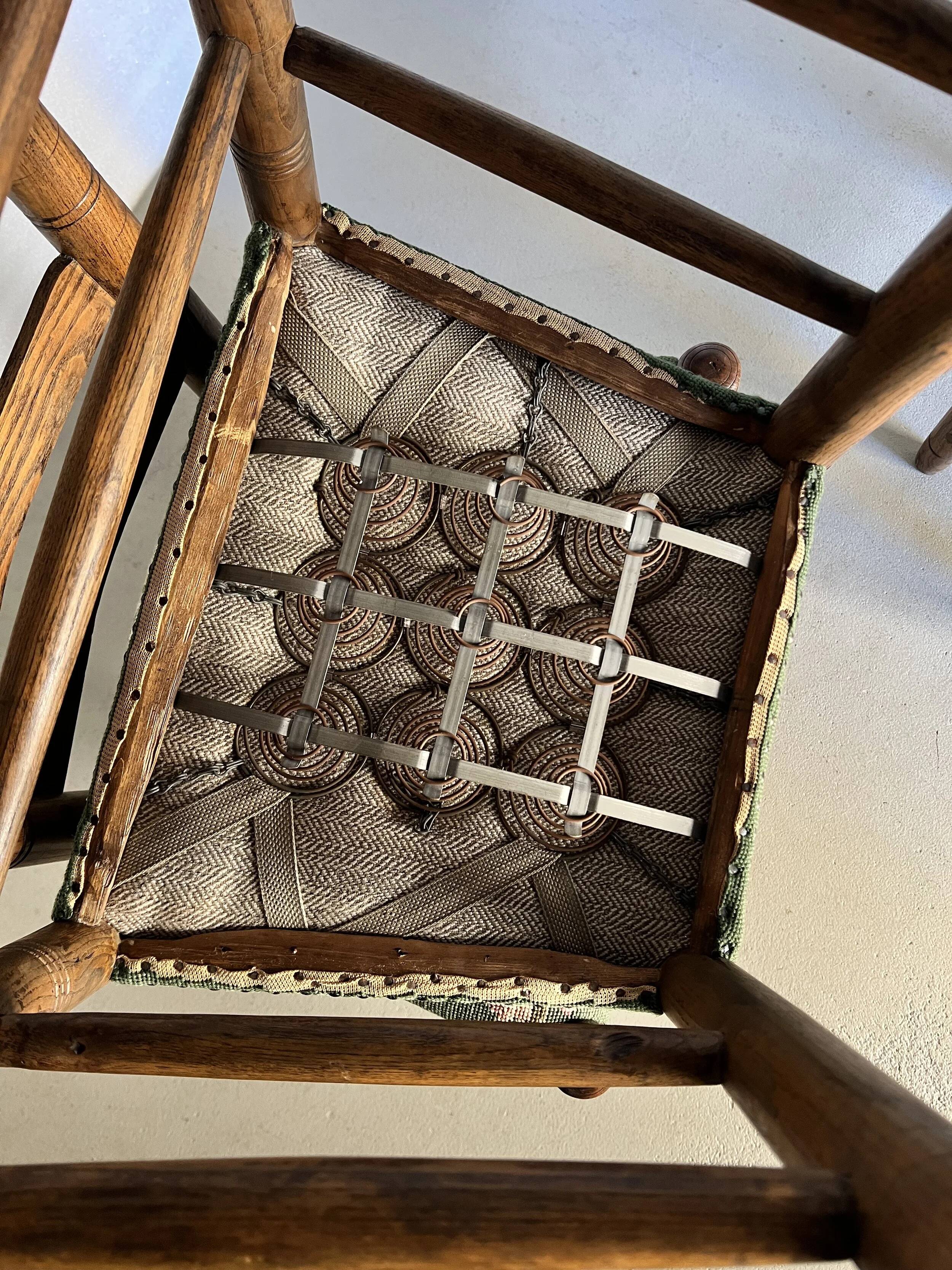 Rustic ladder-back oak chairs with embroidered seats | Netherlands | 1950s