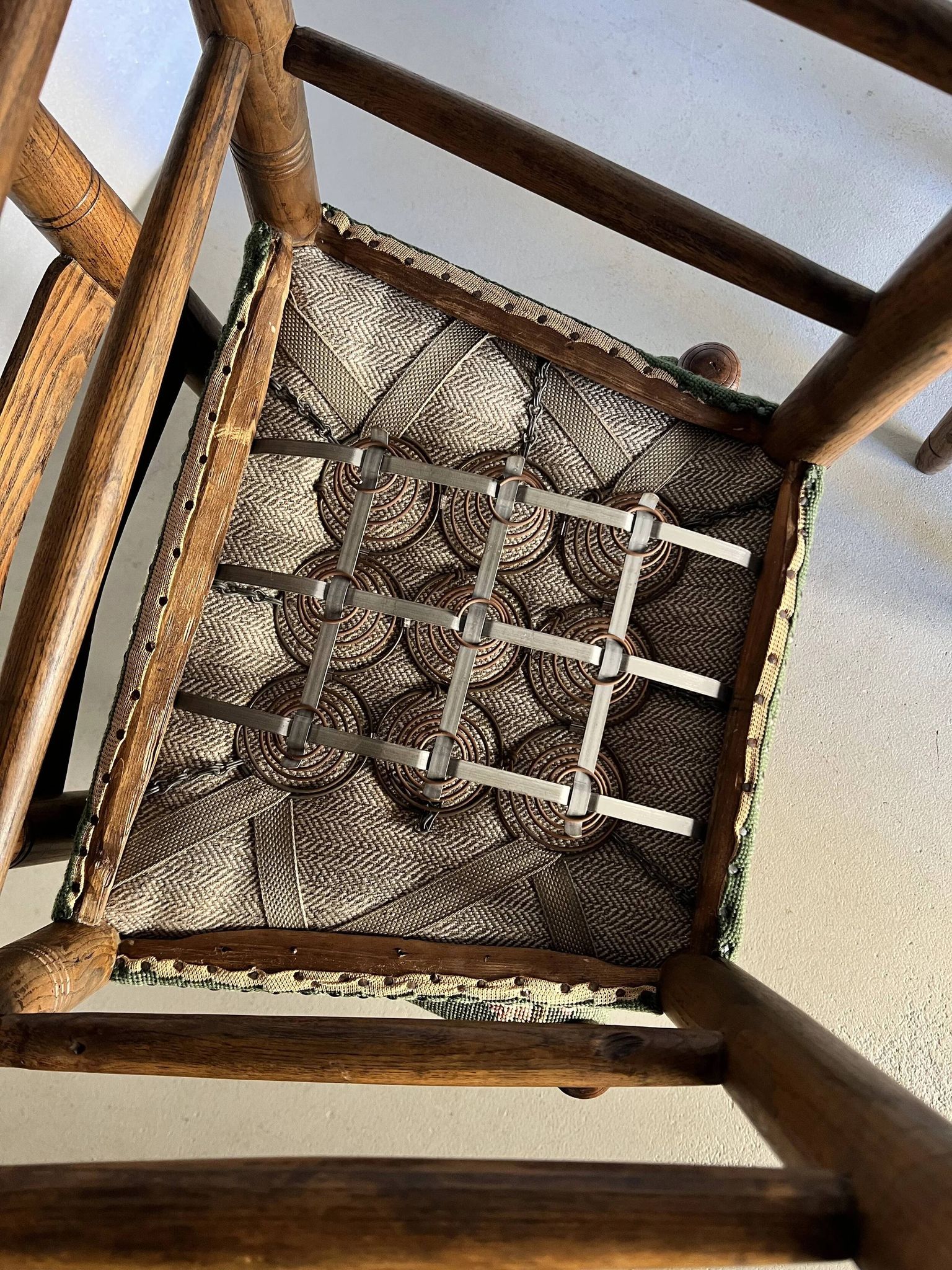 Rustic ladder-back oak chairs with embroidered seats | Netherlands | 1950s