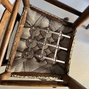 Rustic ladder-back oak chairs with embroidered seats | Netherlands | 1950s