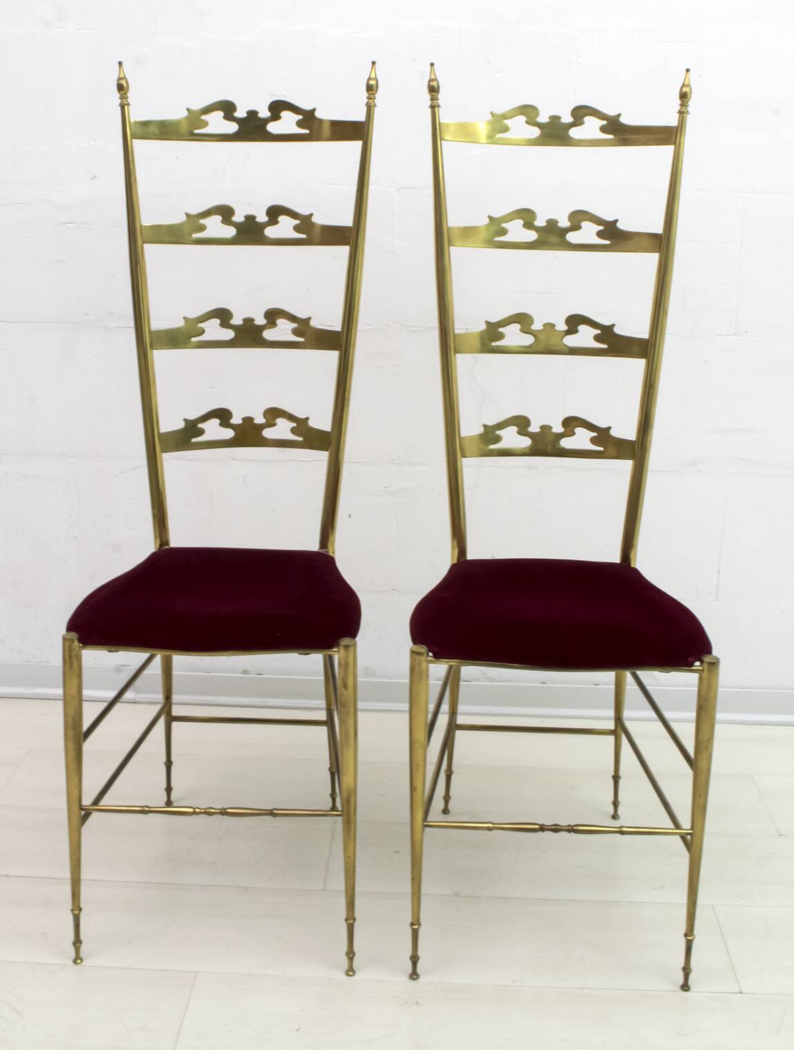 Pair of Mid-Century Modern Italian Brass High Back Chiavari Chairs, 1950s