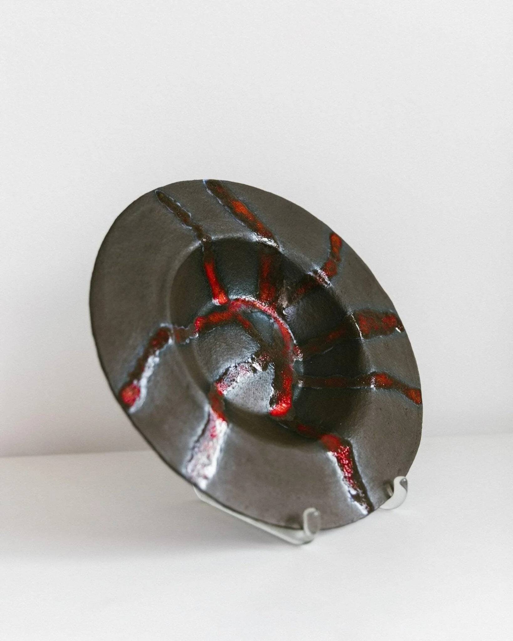 Brown Stoneware Bowl with Red Glaze Streaks, Partially Glazed-Vintage Italian Studio Ceramic, 1970s