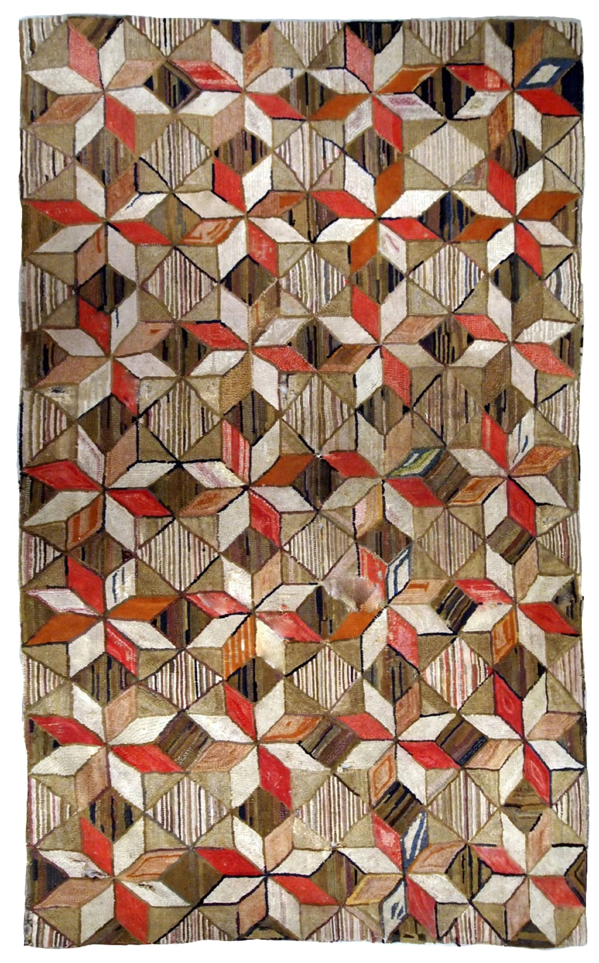 Handmade antique American Hooked geometric rug 4.8' x 7.7' (146cm x 234cm) 1900s - 1B654