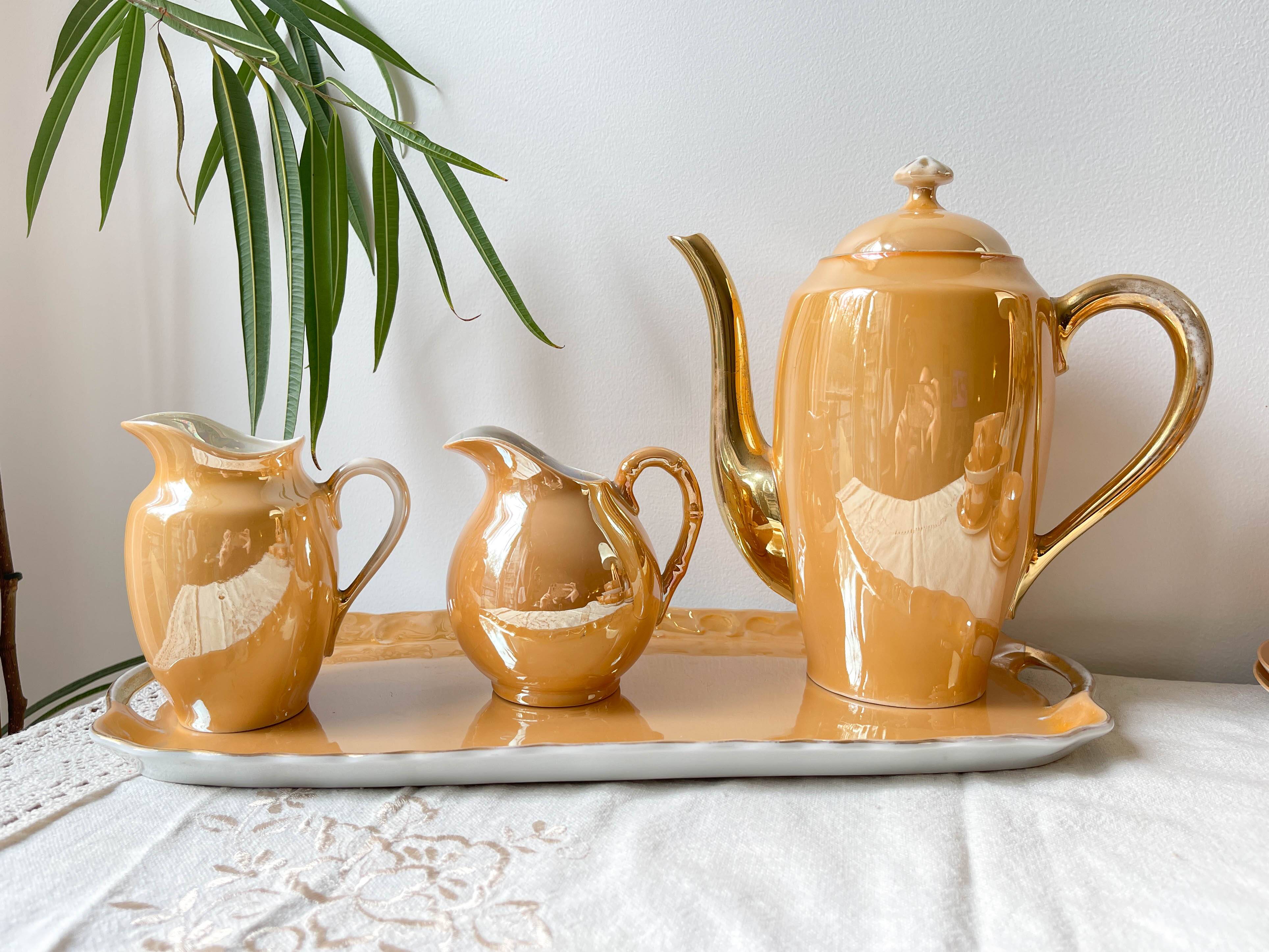 Vintage Czecho-Slovakia Victoria China Iridescent Peach Lustre Tea Set 1950s