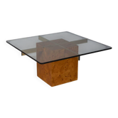 Table basse en bruyère et verre vintage des années 1970, design italien.