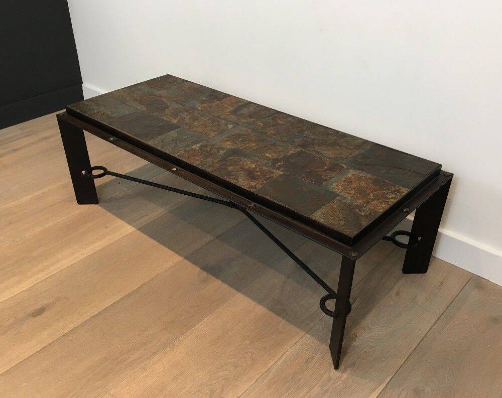 Rare coffee table in steel and wrought iron with a top made of lava stones