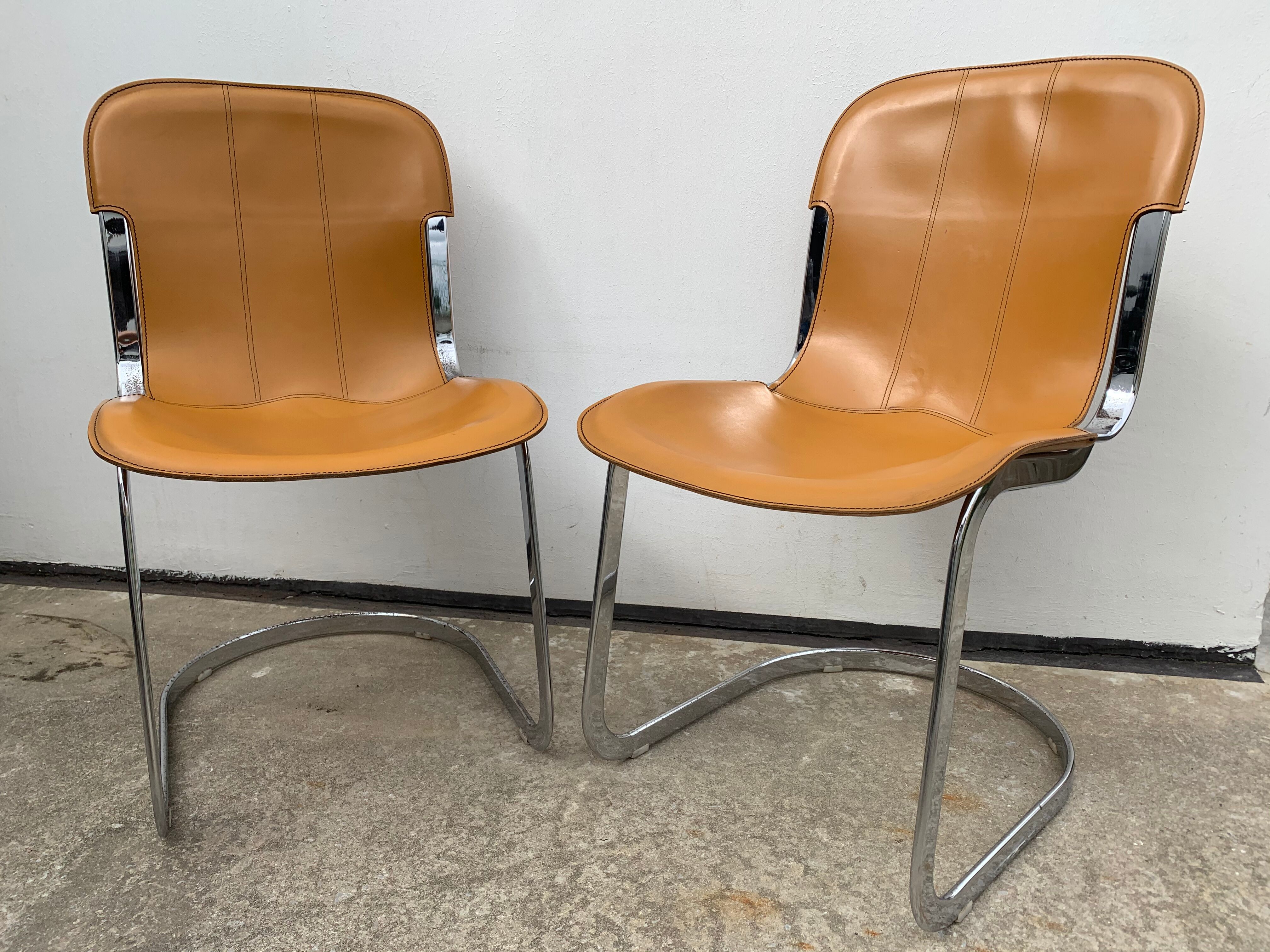 Lot 4 Italian chairs, Cidue camel leather and chrome 1970