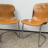 Lot 4 Italian chairs, Cidue camel leather and chrome 1970