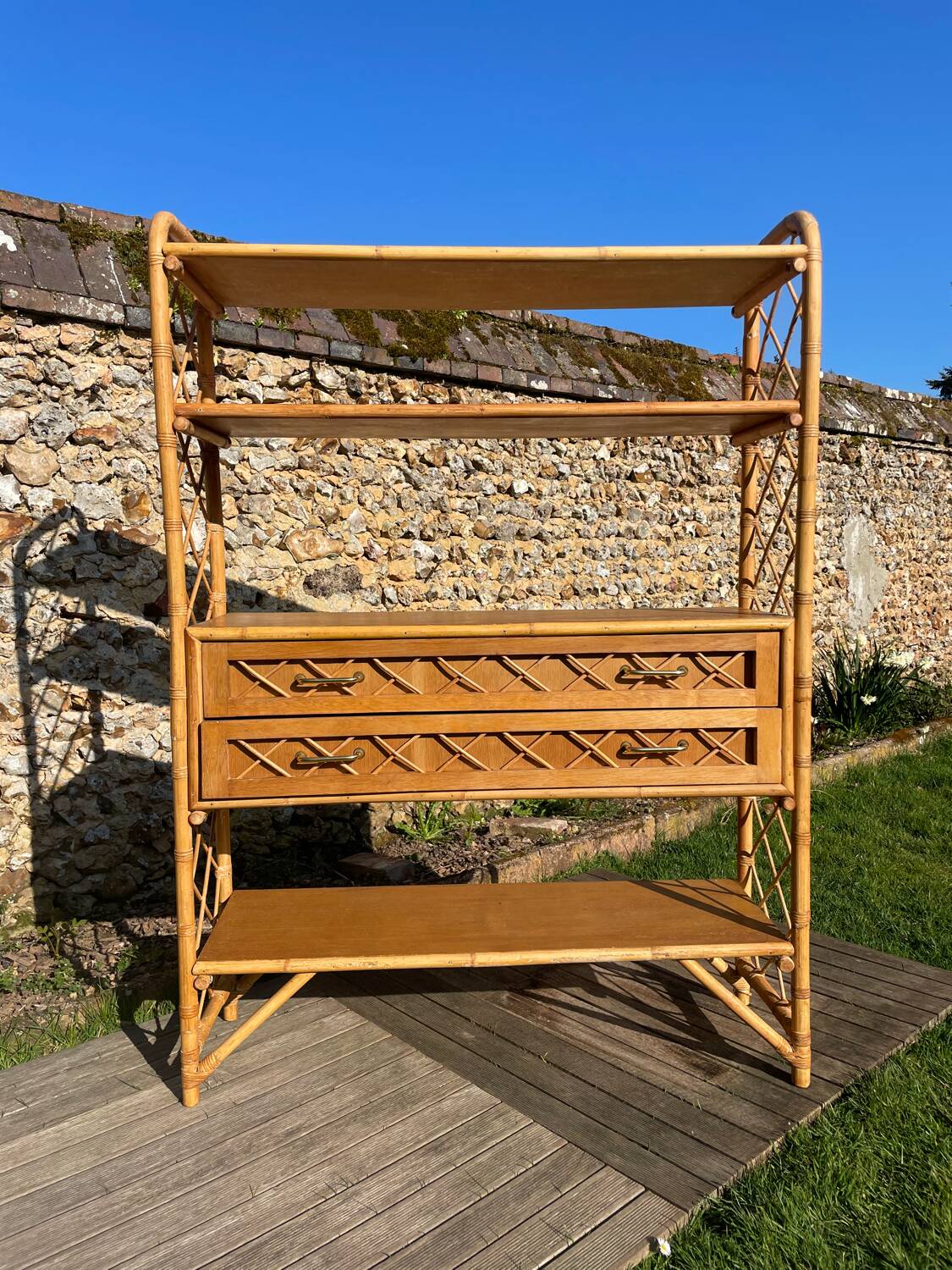 Vintage 1960s rattan and oak shelf by Louis Sognot