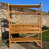 Vintage 1960s rattan and oak shelf by Louis Sognot