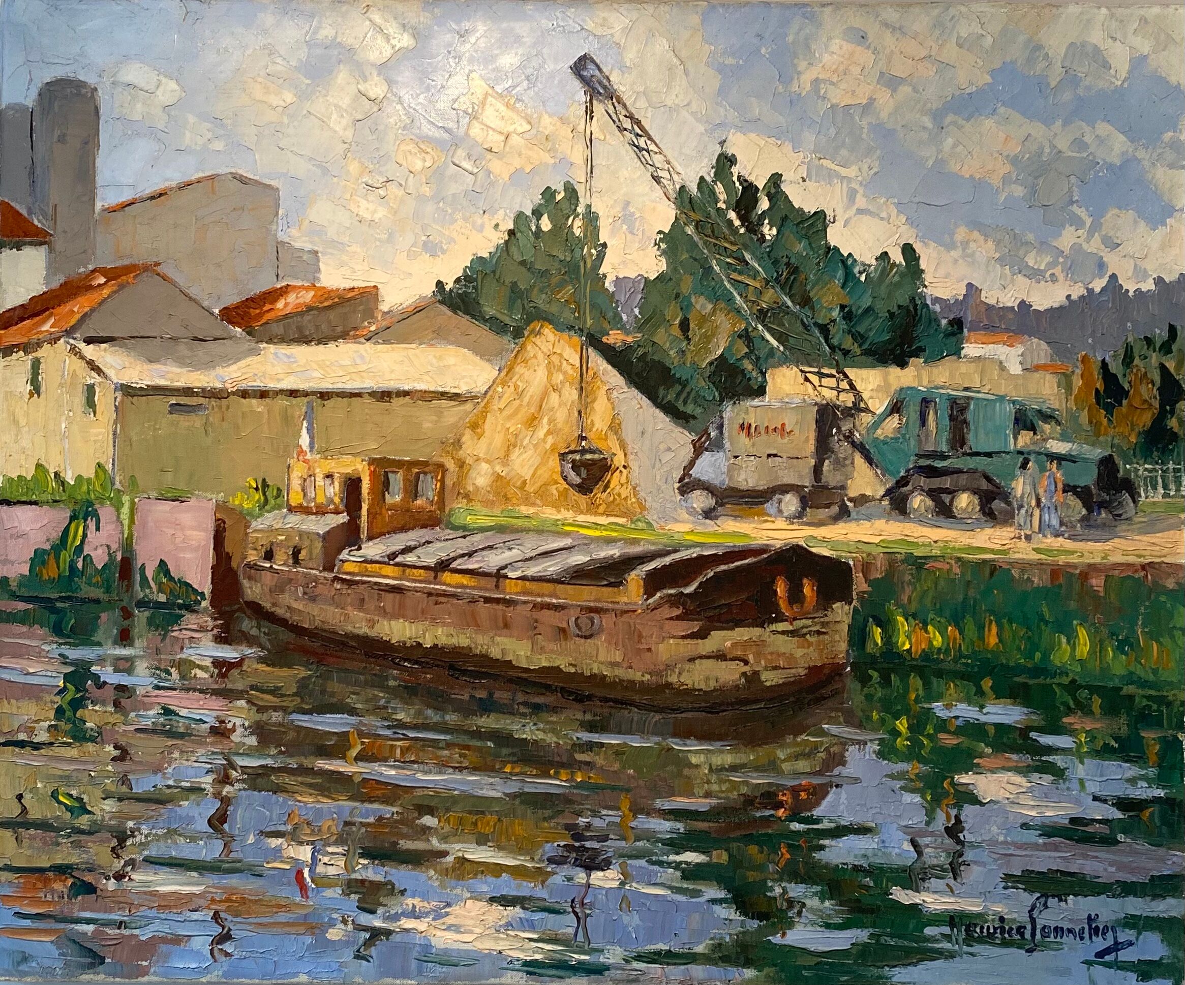 Tableau ancien, péniche à quai, signé Maurice Pannetier, années 70/80