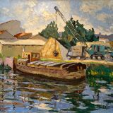 Old painting, barge at the dock, signed Maurice Pannetier, 70s/80s