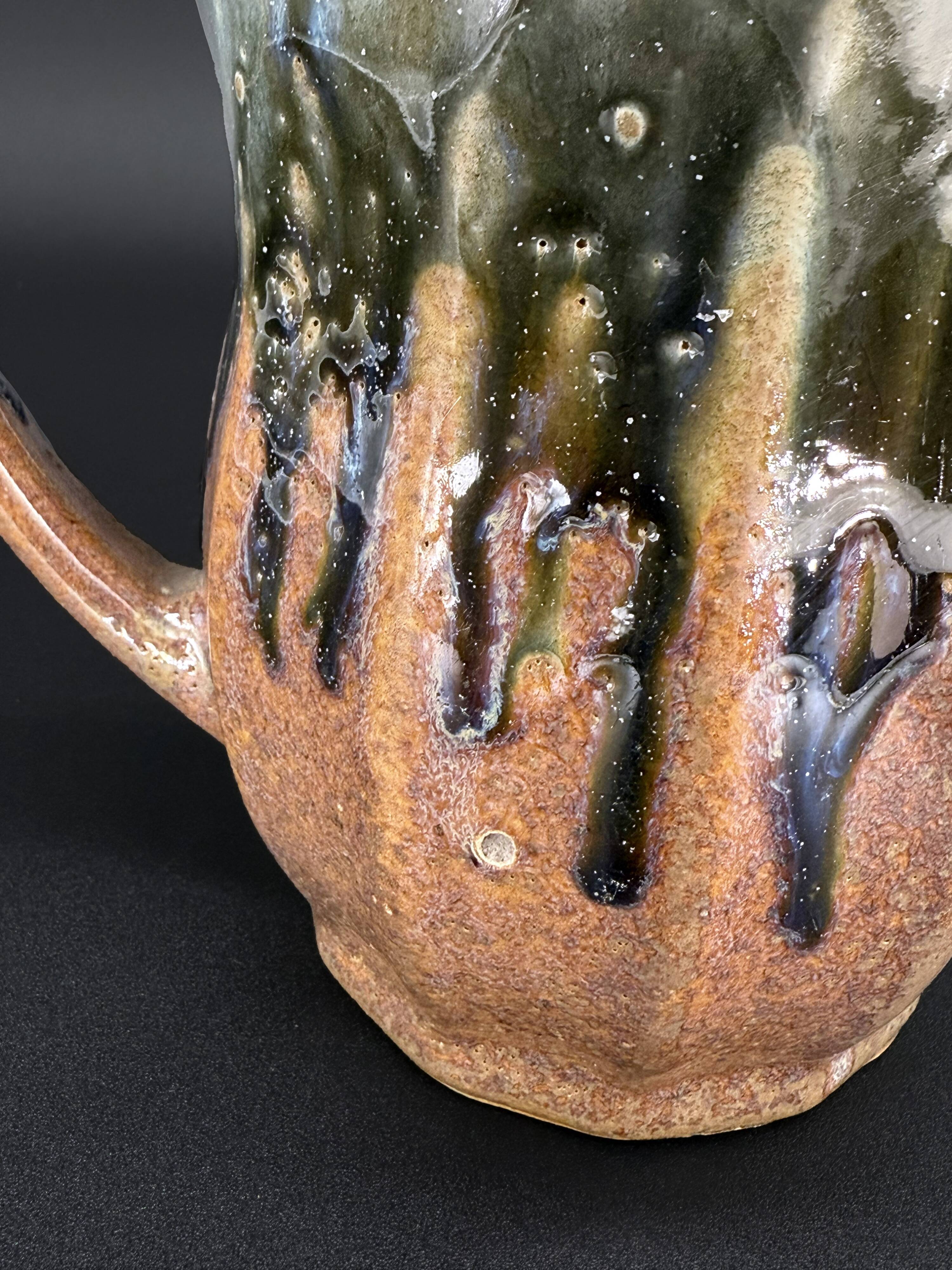 70s glazed stoneware pitcher – signed, French ceramic