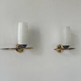 Paire d'appliques vintage laiton et verre, France, 1950