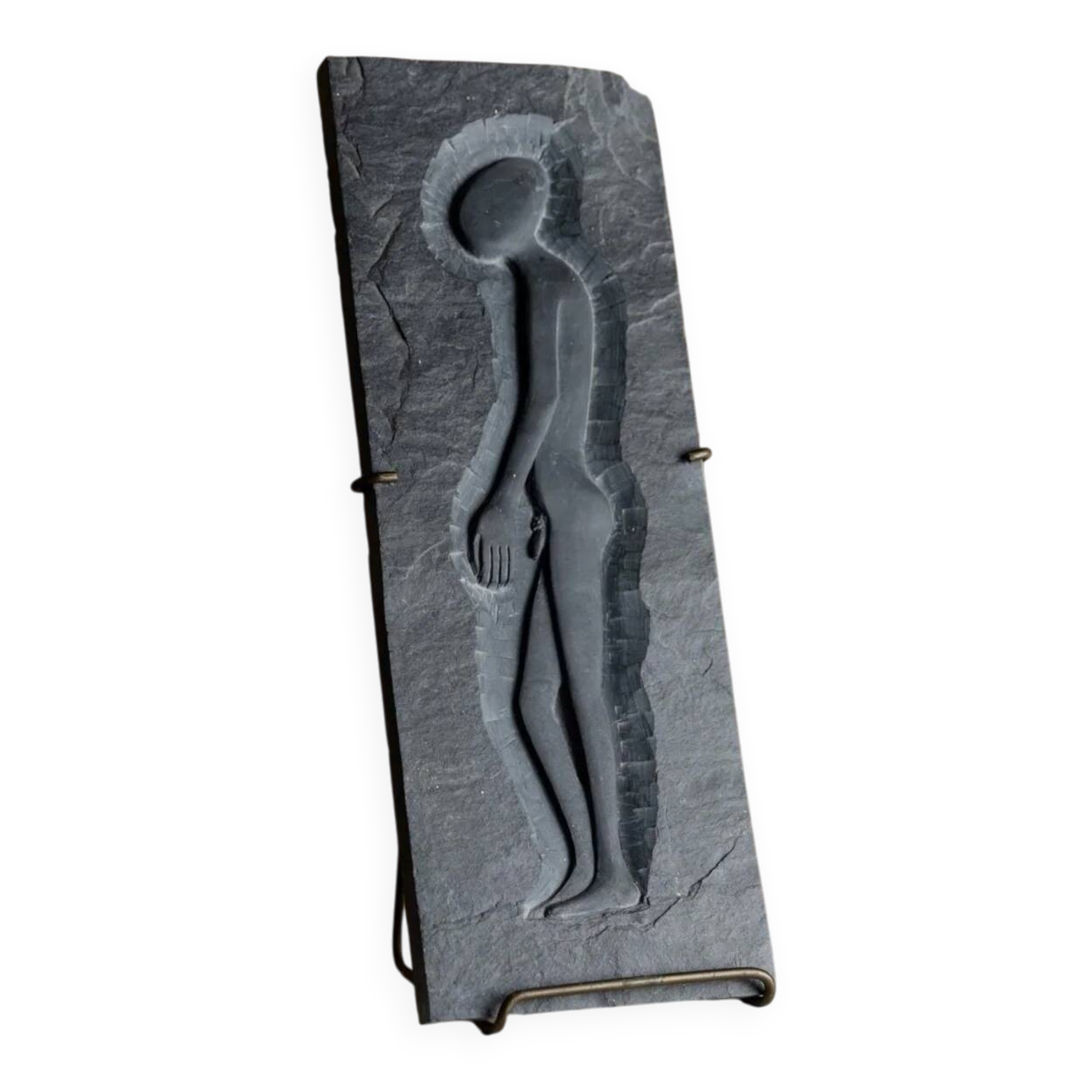 Charcoal Slate Art Panel with Alien Figure – Vintage Italian 1970s Brutalist Futurism, Handmade Stone Relief, Signed QB