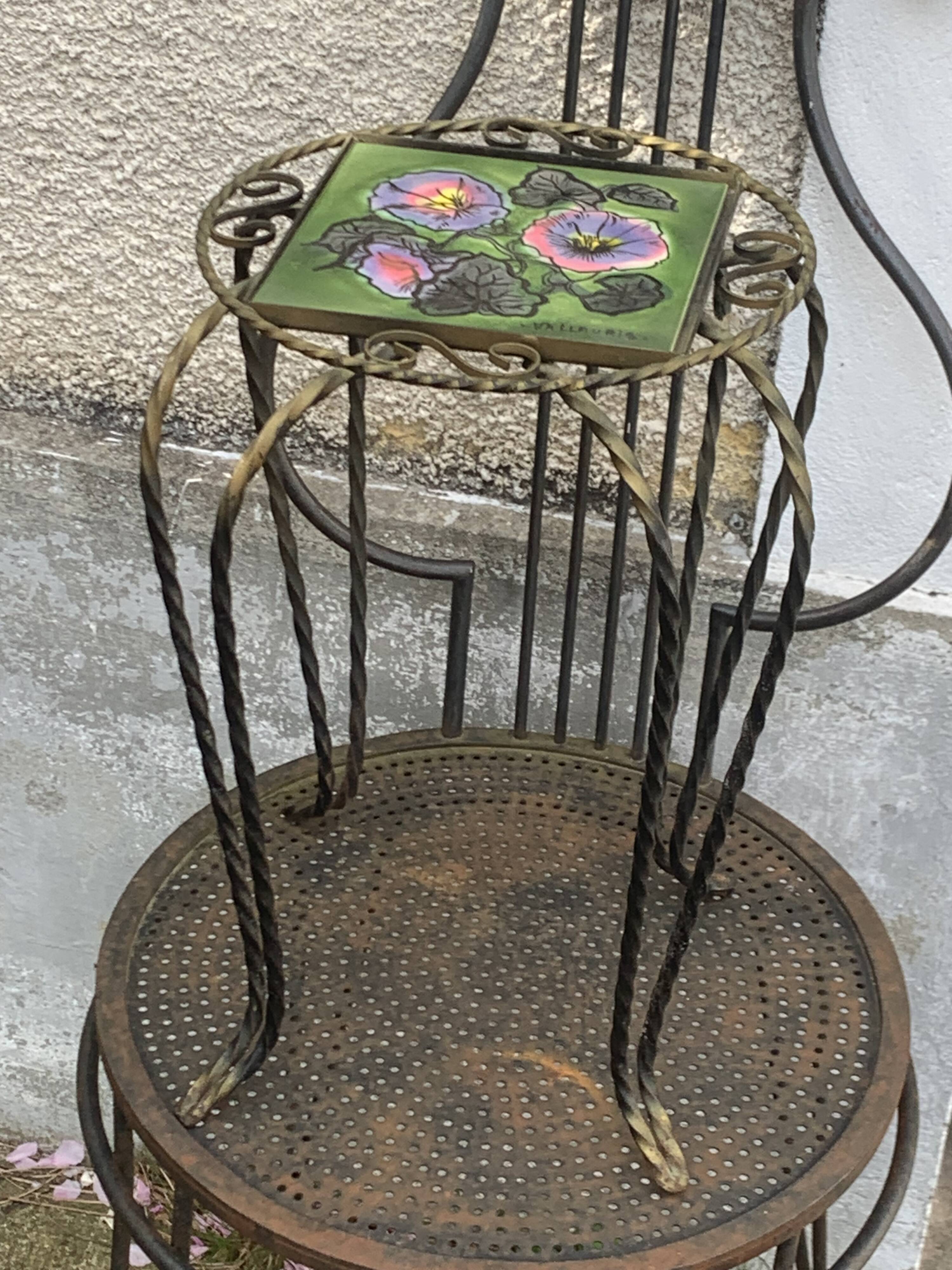 Plant stand, table, in wrought iron and vintage Vallauris ceramic