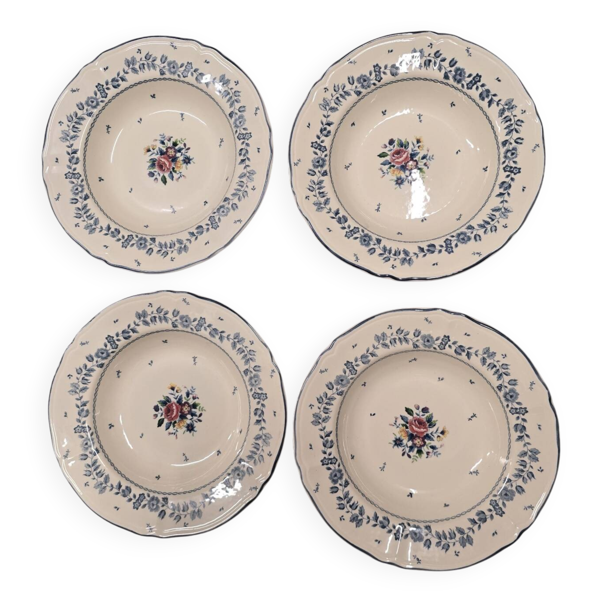 Set of 4 Table Mates soup plates – blue and pink floral design